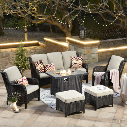 Ovios 6 Pieces Outdoor Furniture with CSA Fire Pit Wicker Patio Conversation Set All Weather Sectional Sofa for Porch