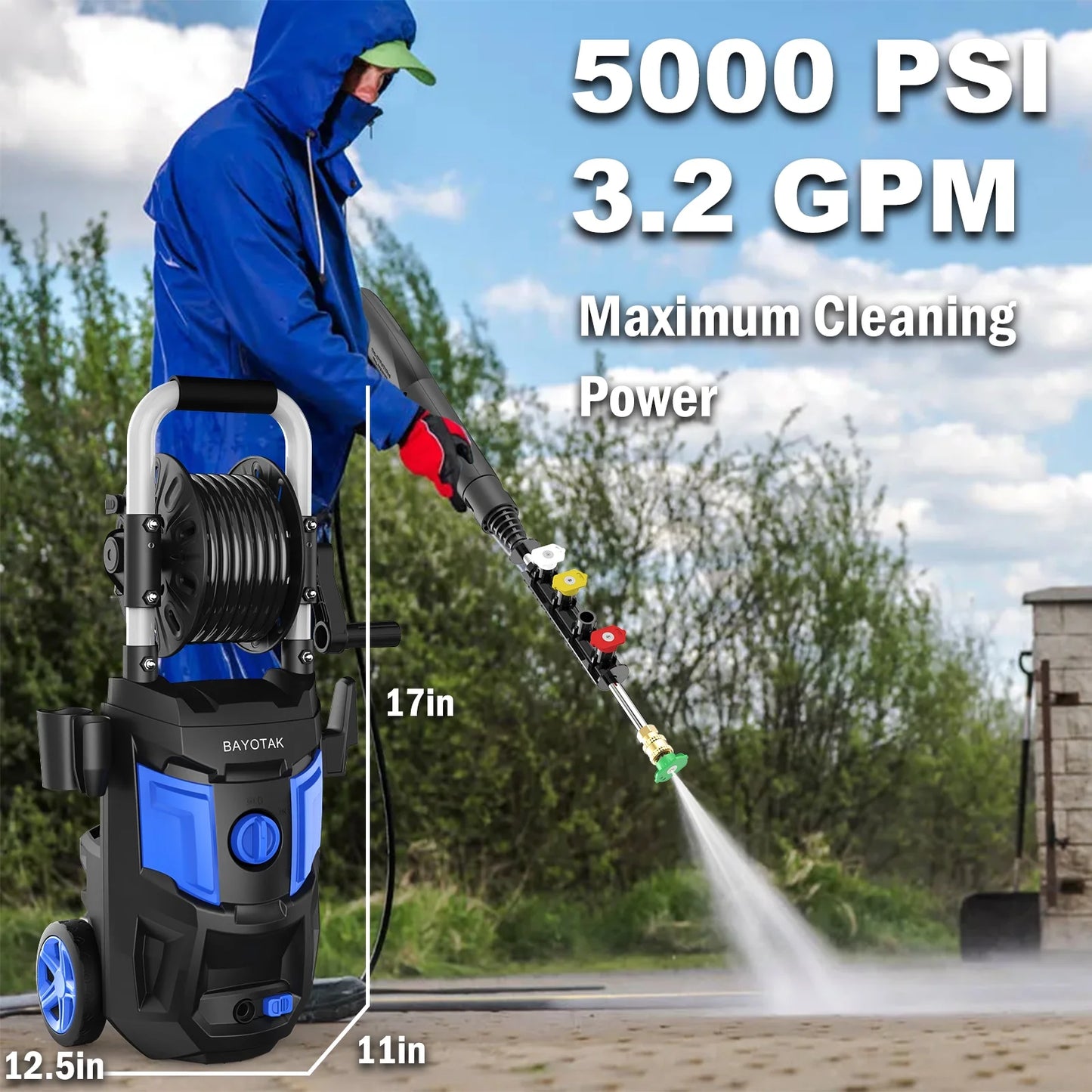 Electric Pressure Washer 5000 PSI 3.2 GPM - with 35 FT Power Cord, 20 FT Hose, 4 Connect Nozzles, Foam Cannon & Hose Reel | Ideal for Cars, Patios, Garages | Blue