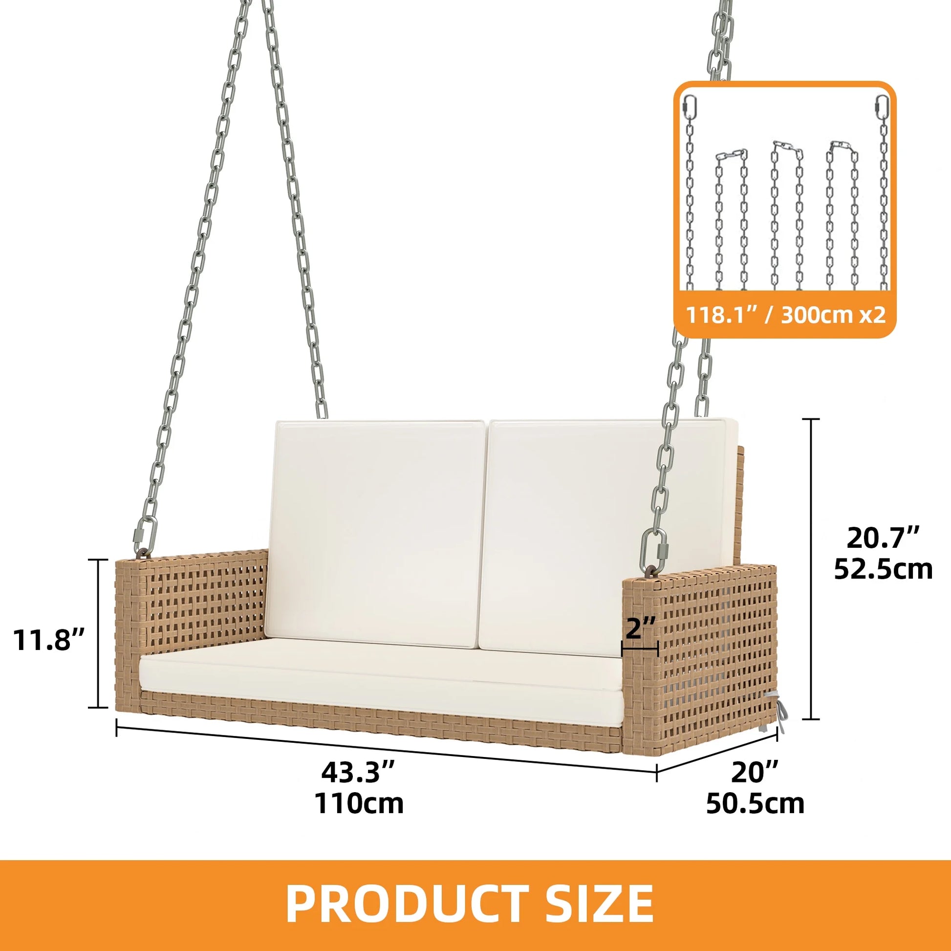 Craftian 2-Person Patio Hanging Porch Swing Rattan 800LBS Swing Bench w/Cushions