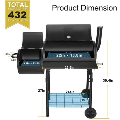 Walchoice Charcoal Grill with Offset Smoker, Barrel BBQ Grill with Wheels, Outdoor Barbecue Grill for Backyard Patio Beach Garden Party, 2 Screwdrivers & 6 Hooks, Black