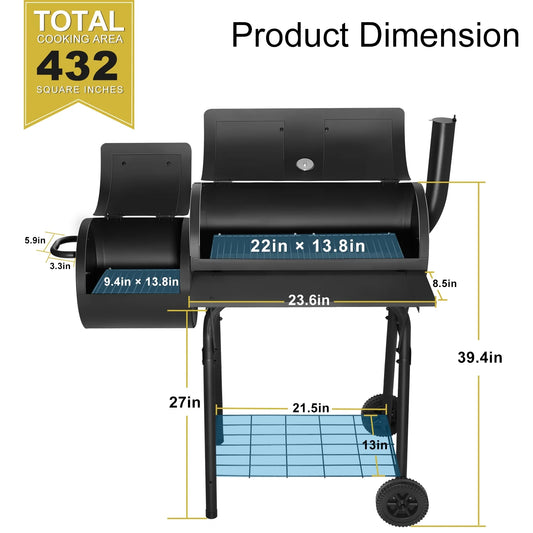 Walchoice Charcoal Grill with Offset Smoker, Barrel BBQ Grill with Wheels, Outdoor Barbecue Grill for Backyard Patio Beach Garden Party, 2 Screwdrivers & 6 Hooks, Black
