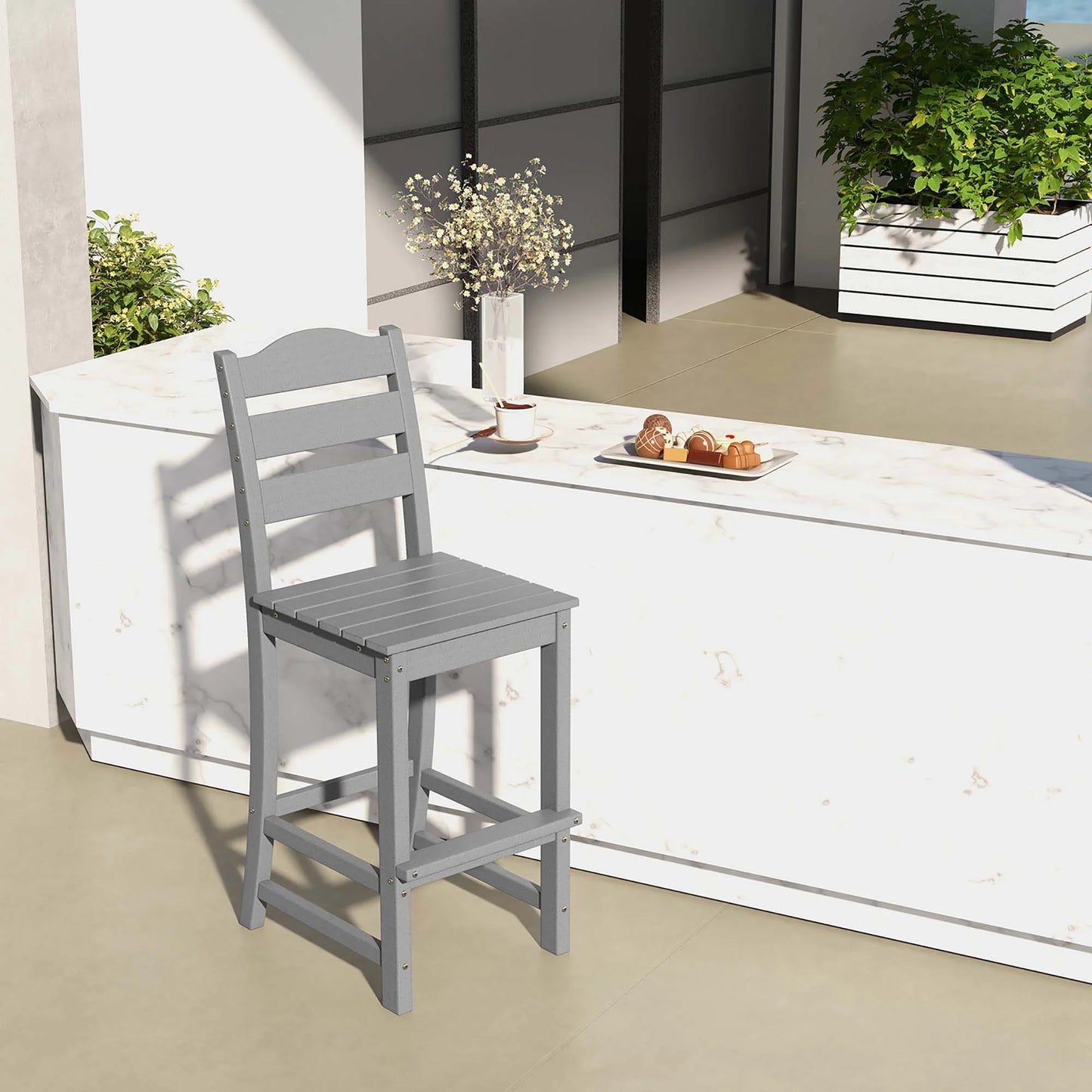 Costway Outdoor HDPE Bar Stool Patio Tall Chair Backrest Footrest All Weather Gray