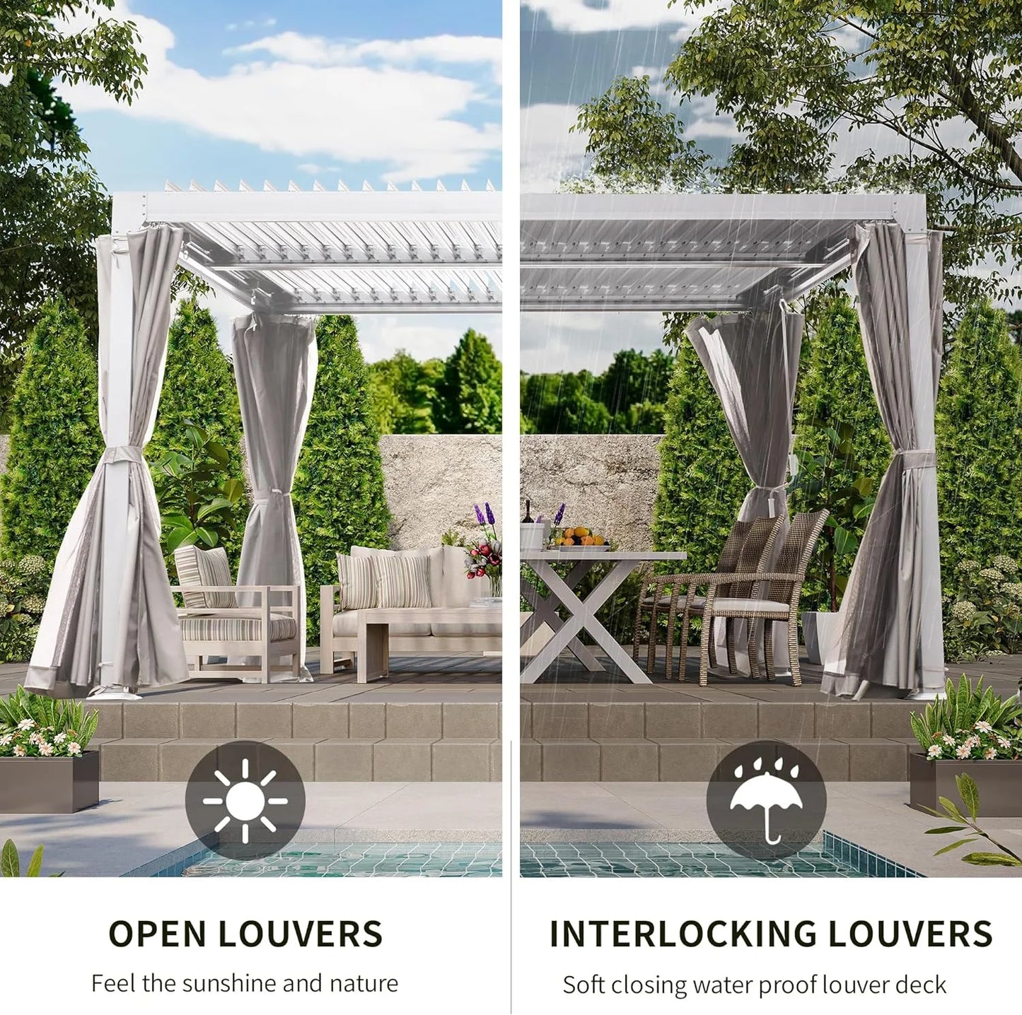 GAZEBETER 10' x 20' Louvered Pergola, Outdoor Aluminium Pergola with Adjustable Roof, Curtains and Netting, Hardtop Gazebo for Patio, Deck, Garden, Yard, Beach, White