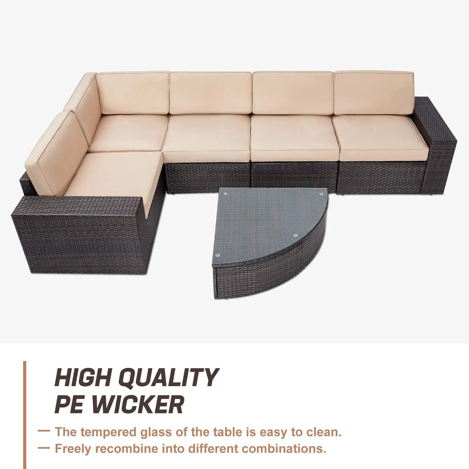 SUNCROWN 6-Piece Outdoor Furniture Patio Sectional Set All-Weather Wicker Conversation Sofa, Light Brown