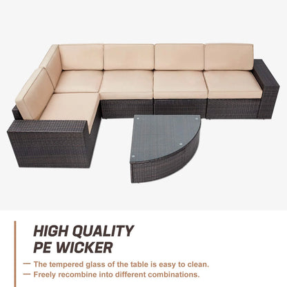 SUNCROWN 6-Piece Outdoor Furniture Patio Sectional Set All-Weather Wicker Conversation Sofa, Light Brown