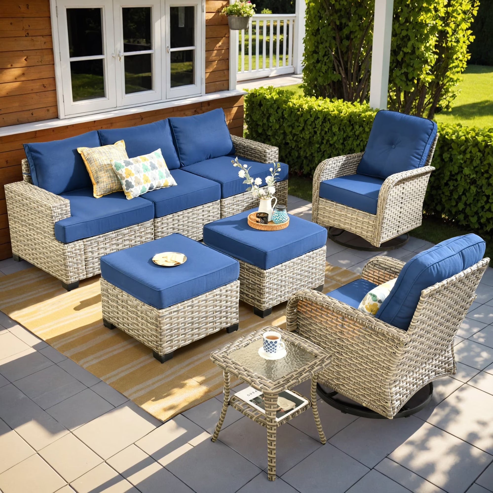 Ovios 7 Pieces Outdoor Patio Sectional Furniture All-Weather Rattan Wicker Conversation Patio Sofa Outdoor Chairs for Backyard Balcony