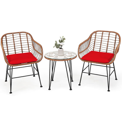 Costway 3PCS Patio Rattan Bistro Set Coffee Table Armchair Garden Red Cushion