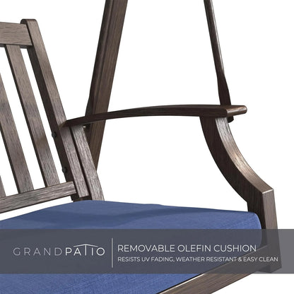 Grand Patio Porch Swing, Outdoor 2-Seat Patio Swing Chair, Adjustable Tilt Canopy, with Removable Cushion, Weather Resistant Powder Coated Painted Woodgrain Frame, Farmhouse Style-Dark Blue