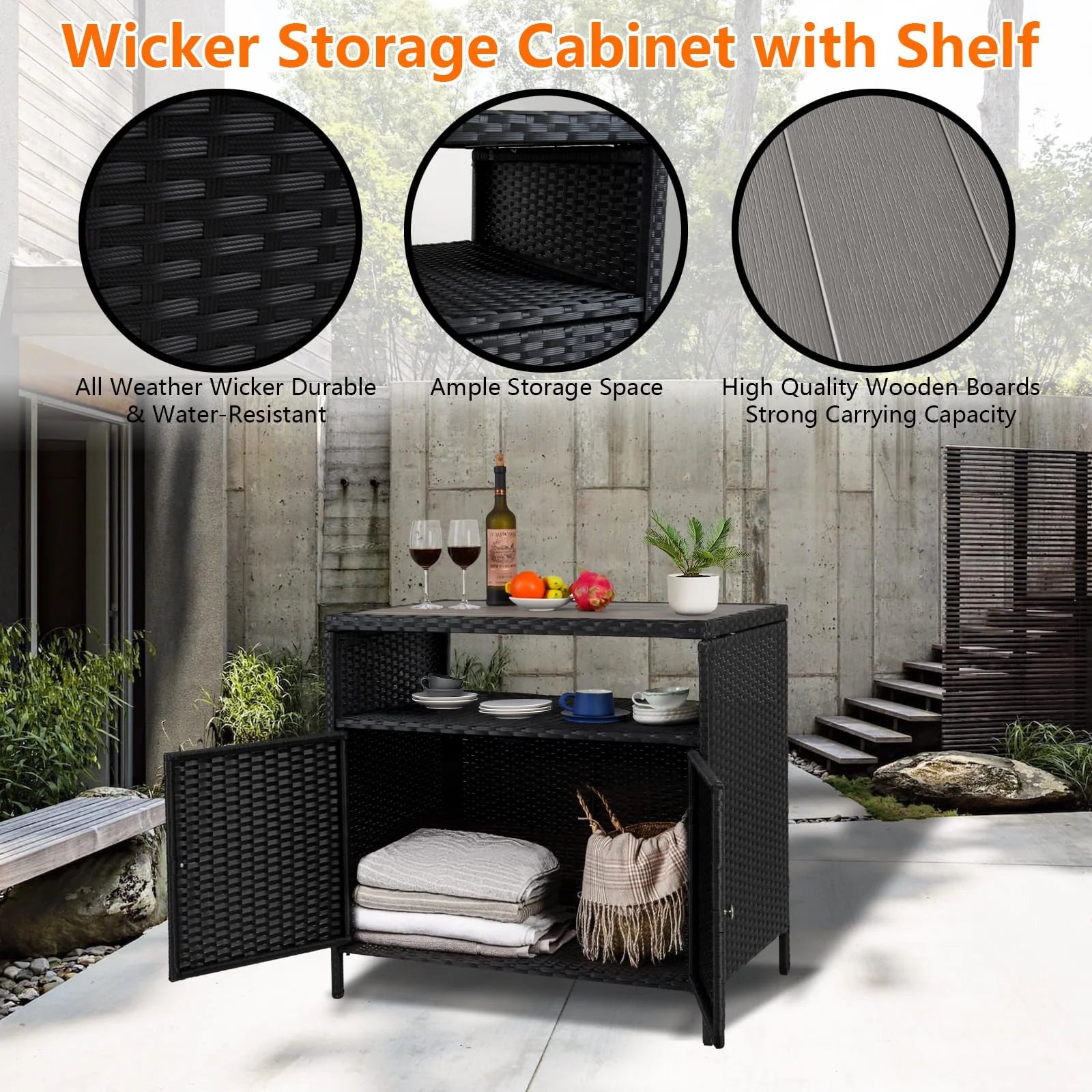 M optimized Patio Outdoor Wicker Storage Cabinet with Shelf, Patio Bar Table with 2-Door and Shelf, All Weather Resin Wicker, Patio Pool Garden Kitchen