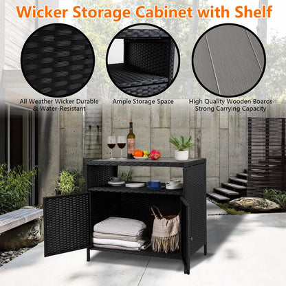 M optimized Patio Outdoor Wicker Storage Cabinet with Shelf, Patio Bar Table with 2-Door and Shelf, All Weather Resin Wicker, Patio Pool Garden Kitchen