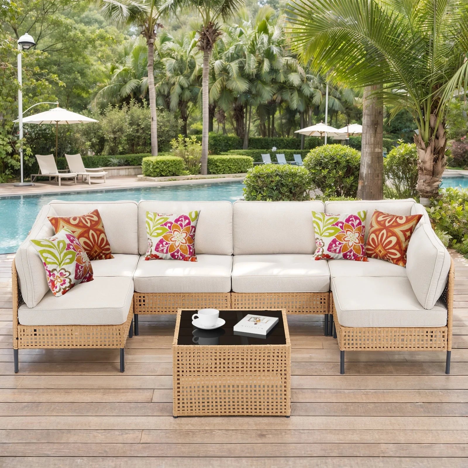 PPorfamilia Outdoor Modular Sectional Furniture Set, 7 Piece Natural PE Rattan Sofa Set with 2 Corner Chairs, 4 Middle Chairs, Side Table, and Beige Deep Seat Cushions, for Patio Backyard Deck