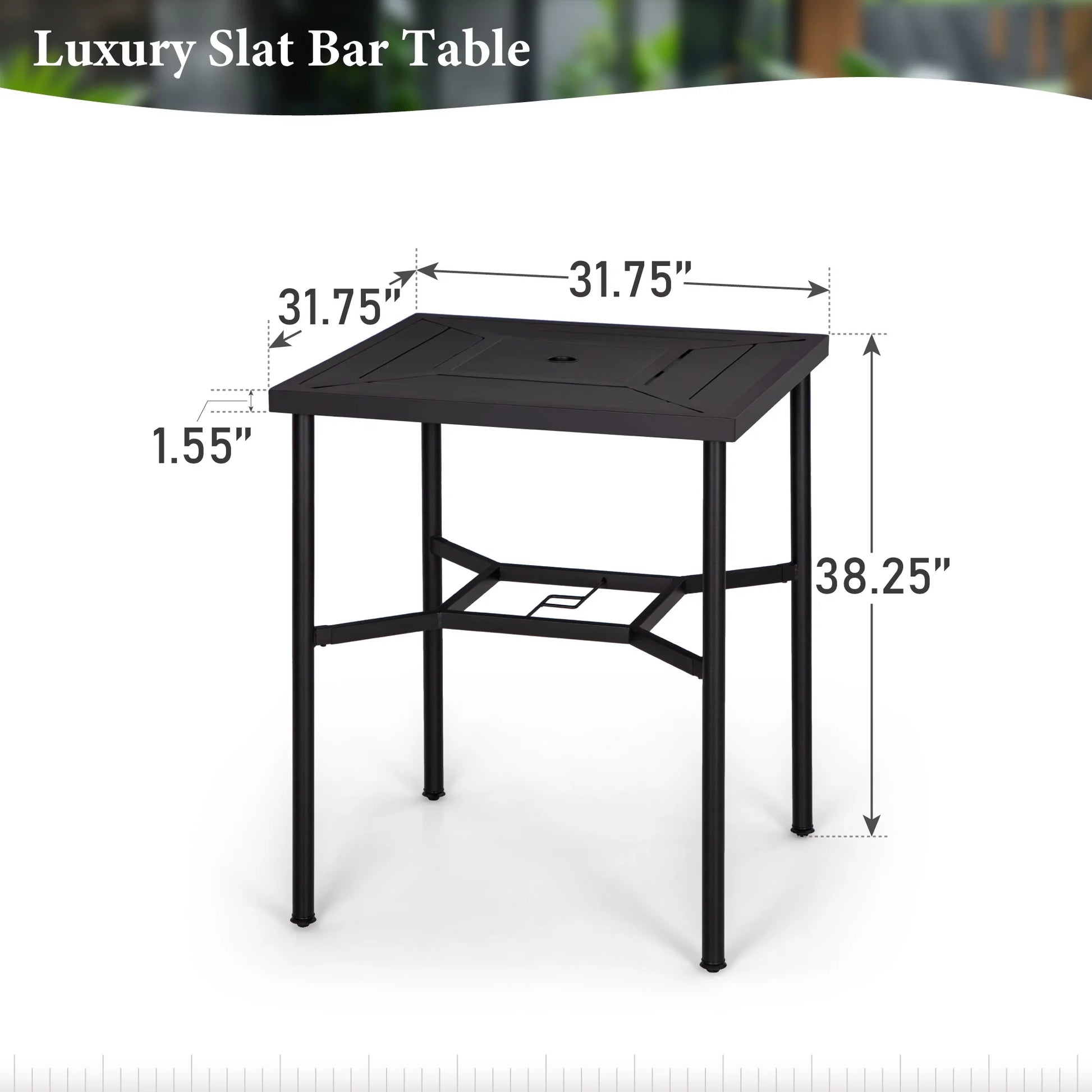 Summit Living Outdoor Bar Table, 38.25"H Metal Patio Square Bistro Table with Umbrella Hole,Black