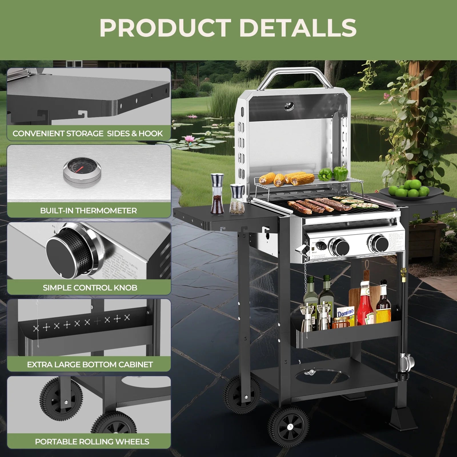 WAA Propane Gas Grill with 2-Burner,Outdoor Gas BBQ Grill with Side Storage Shelves,Top Cover Lid, Oil Tray,Wheels,Barbeque Stove for Barbecue Cooking,Patio,Camping and Party,16000 BTU