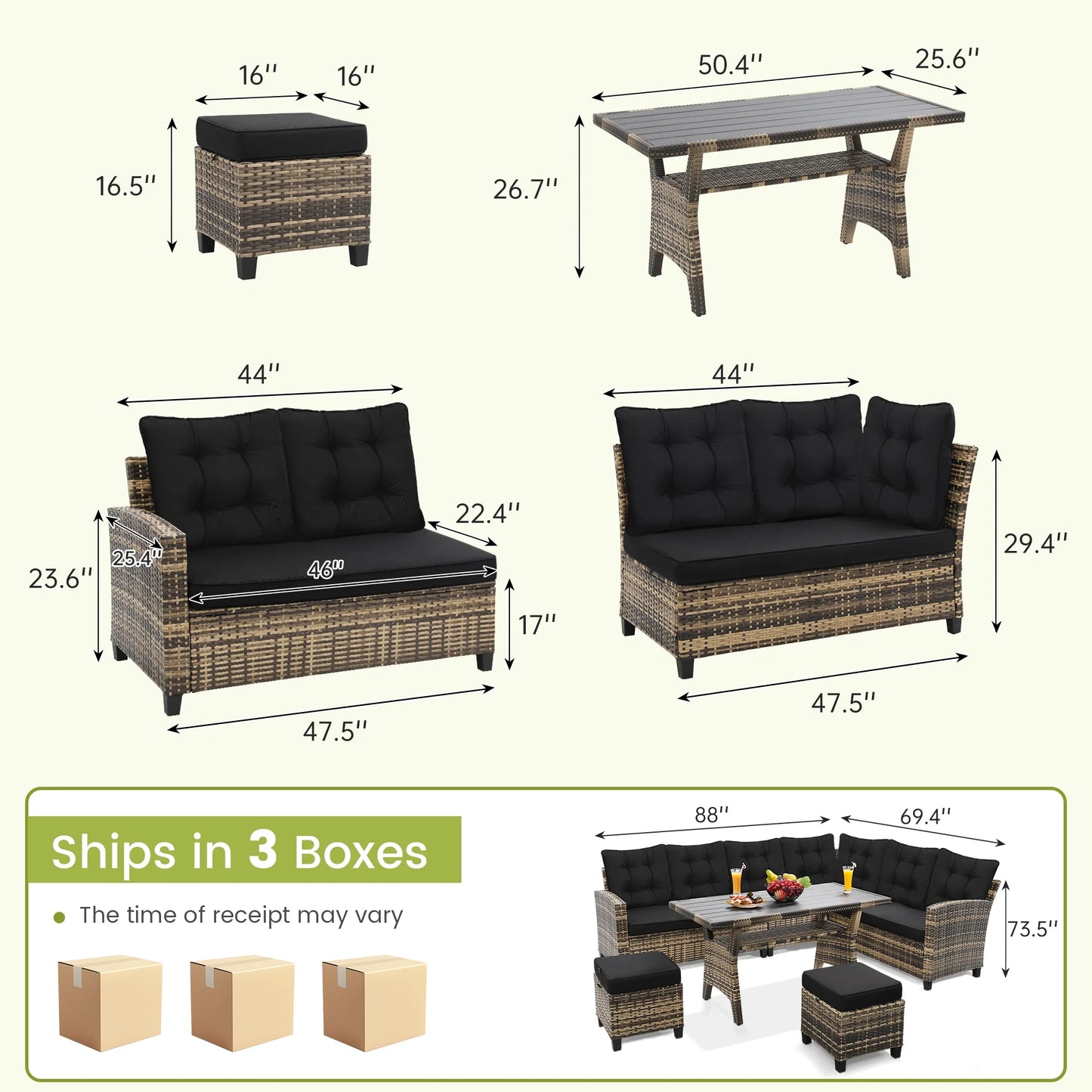 LOGYAT 6 Piece All Weather Outdoor Sectional Set, with 2 Sofas, 2 Ottomans with 1 Table, Patio Conversation Furniture for Deck, Garden, Natural Wicker and Black Cushions