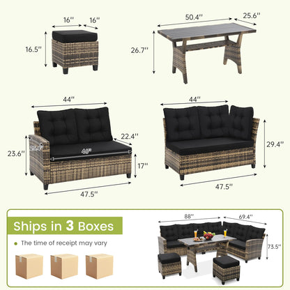 LOGYAT 6 Piece All Weather Outdoor Sectional Set, with 2 Sofas, 2 Ottomans with 1 Table, Patio Conversation Furniture for Deck, Garden, Natural Wicker and Black Cushions