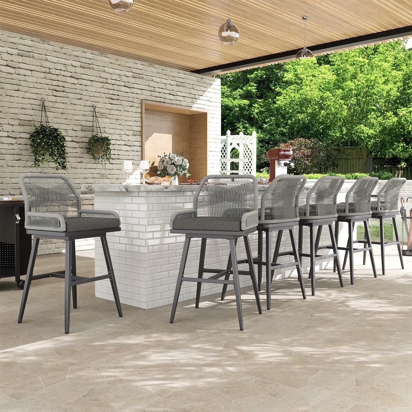 MEISSALIVVE Set of 2 Rattan Swivel Bar Stools, 26" Counter Height with Woven Rope Back, Cushioned Patio Bar Chairs for Kitchen, Garden, Beige