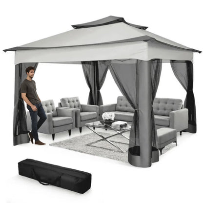 COBIZI 12x12 Outdoor Gazebo Pop Up Gazebo Canopy with Mosquito Netting Patio Tent Backyard Canopy with 2-Tiered Vented Top 3 Adjustable Height, Beige