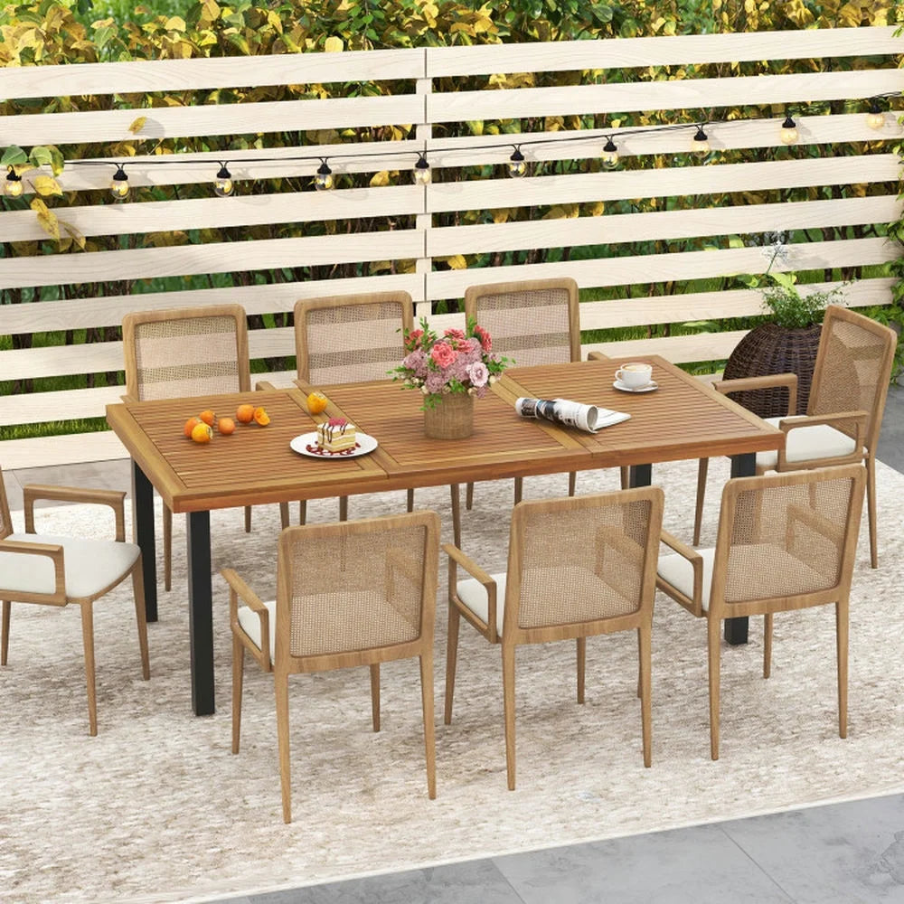 Spaco 8-Person Patio Table with 1.9 Inch Umbrella Hole, 79 Inch Acacia Wood Dining Table with Reinforced Metal Frame and Adjustable Foot Pads, Dining Table for Yard, Garden, Natural
