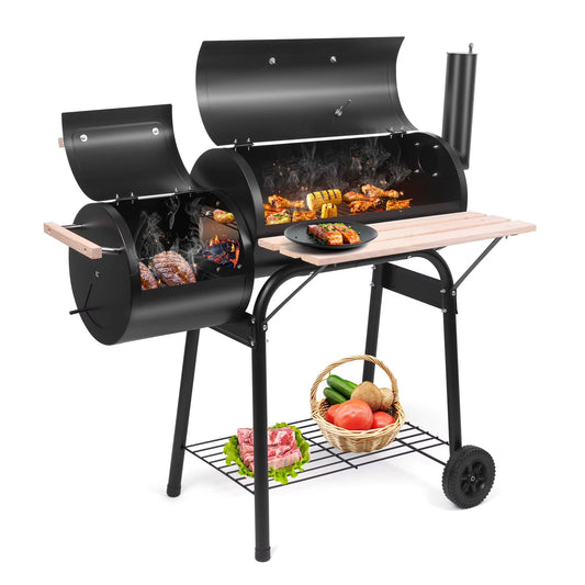 Charcoal Grill and Offset Smoker, Outdoor Patio Barbecue Cooker with Wheels, Portable Backyard BBQ Oven with Side Fire Box for Camping, Picnic, Party