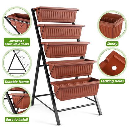 VIBESPARK 4Ft Planter Box 5-Tiers Vertical Raised Garden Bed with Drain for Patio Vegetables, Flowers Herb, 26" x 22.75" x 44.75"