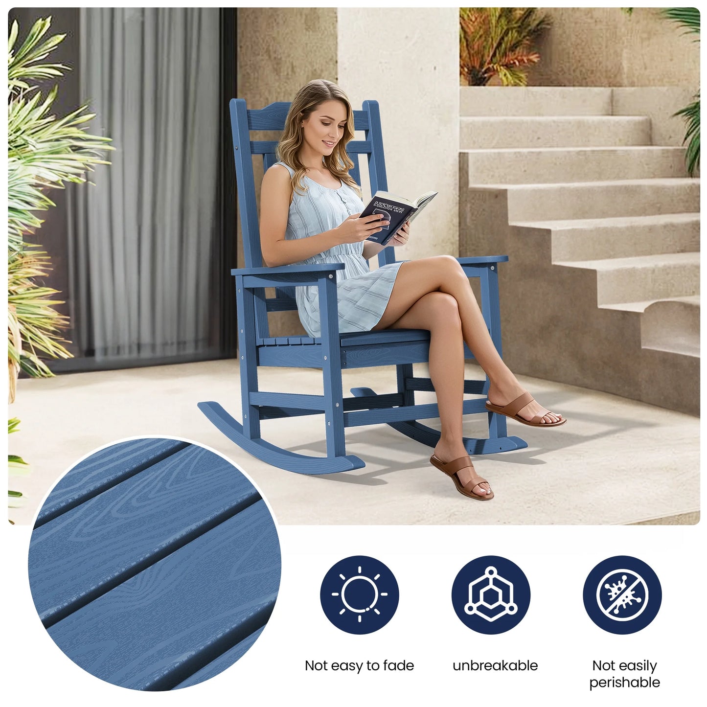 SERWALL Outdoor Rocking ChairHDPE Patio Rocking Chair, Heavy Duty Front Porch Rocker, Blue