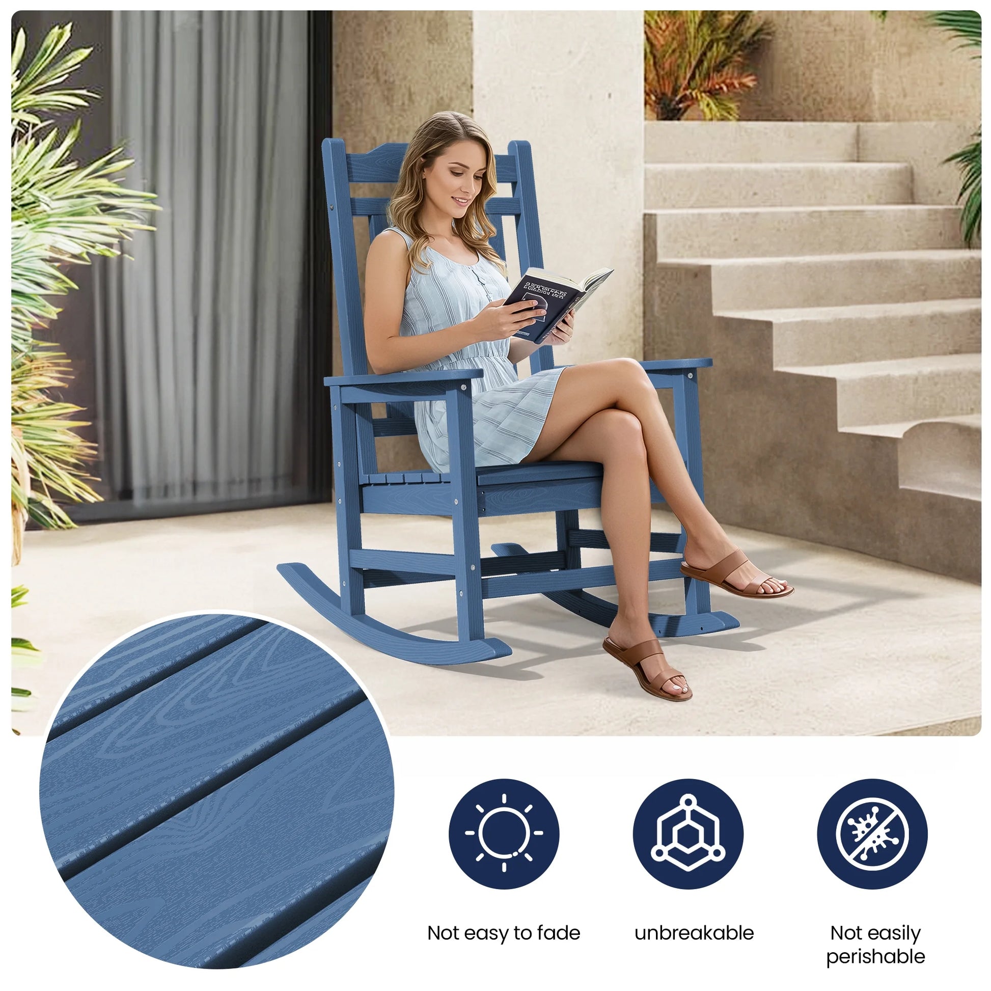 SERWALL Outdoor Rocking ChairHDPE Patio Rocking Chair, Heavy Duty Front Porch Rocker, Blue
