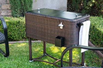Permasteel 80-QT Wicker Outdoor Patio Cooler, Hand-Woven Wicker Cooler Cart, Rolling Cooler on Wheels with Handle, Brown