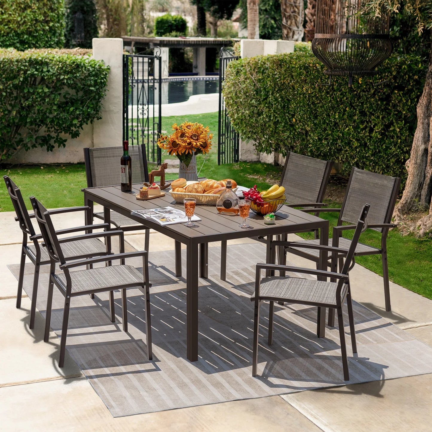 Devoko 7 Pieces Outdoor Dining Set ,Patio Conversation Set Outdoor Furniture Set 6 Stackable Textilene Armchairs with Rectangular Table, Light Gray
