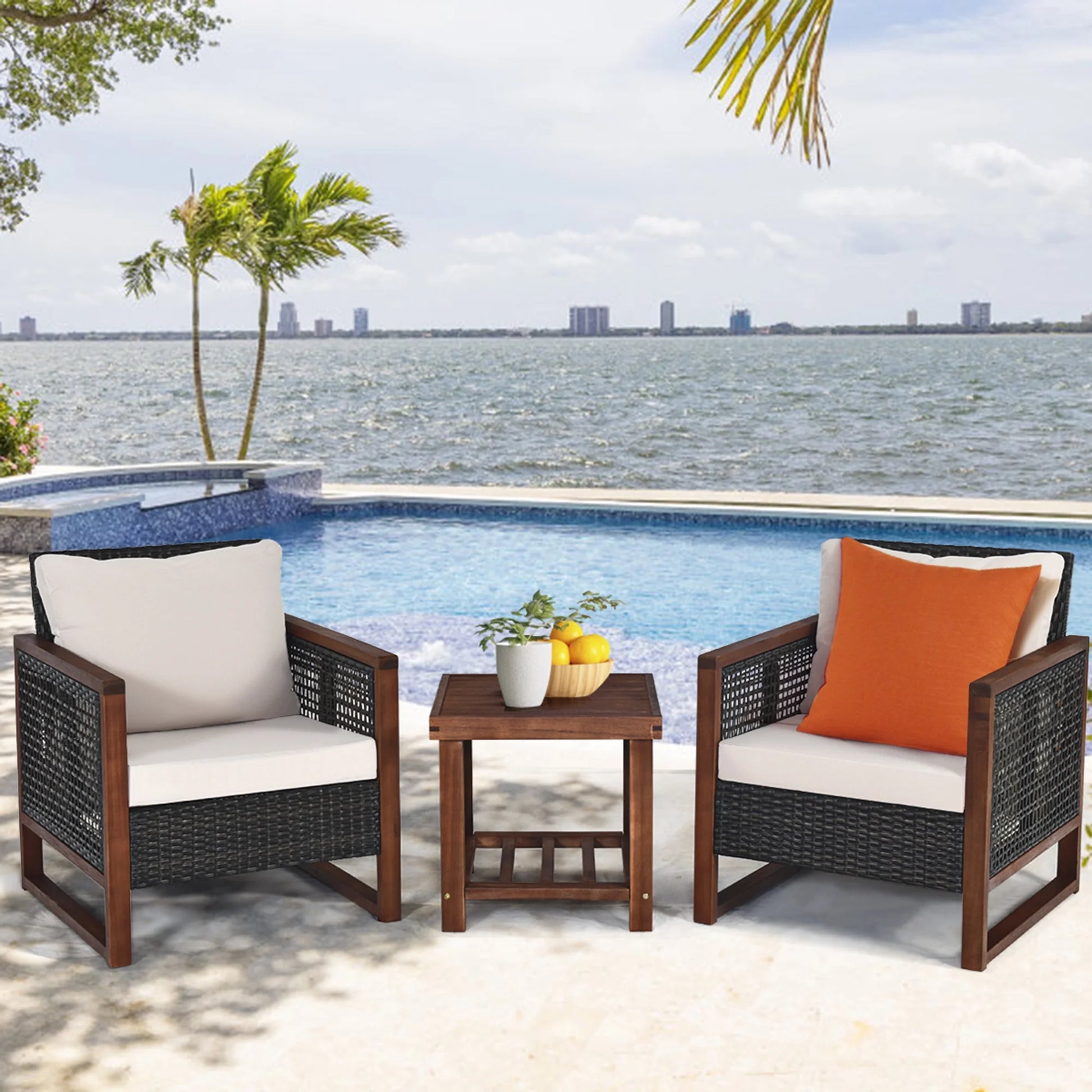 BLACK JAGUAR 3-Piece Patio Rattan Wicker Bistro Set Acacia Wood Frame Sofa and Side Table