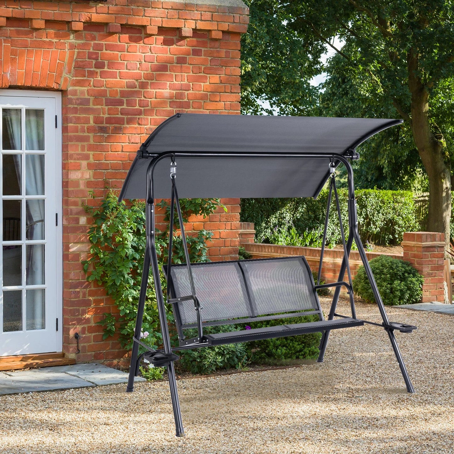 2 Person Patio Swing with Grey Sling Fabric and Black Metal Frame - 450 lbs Weight Capacity