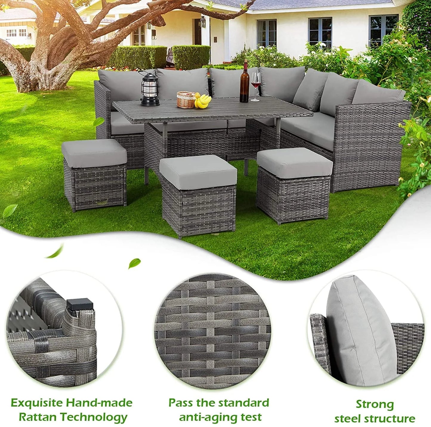 AECOJOY 7 Piece Patio Conversation Set, Outdoor Sectional Sofa Rattan Wicker Dining Furniture, Gray