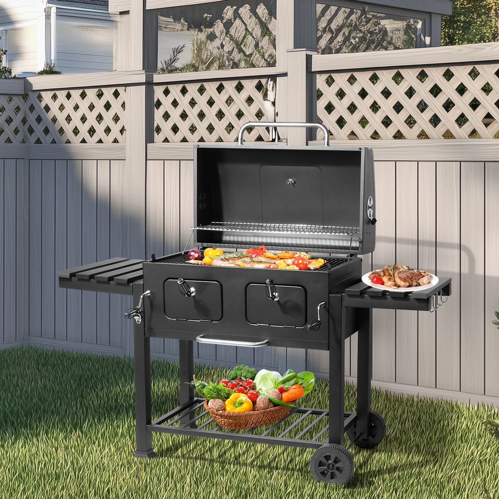 Ktaxon BBQ Grill Outdoor Charcoal Grill Smoker Large-sized Barbecue Grill with 2 Charcoal Doors for Patio,Backyard,Garden