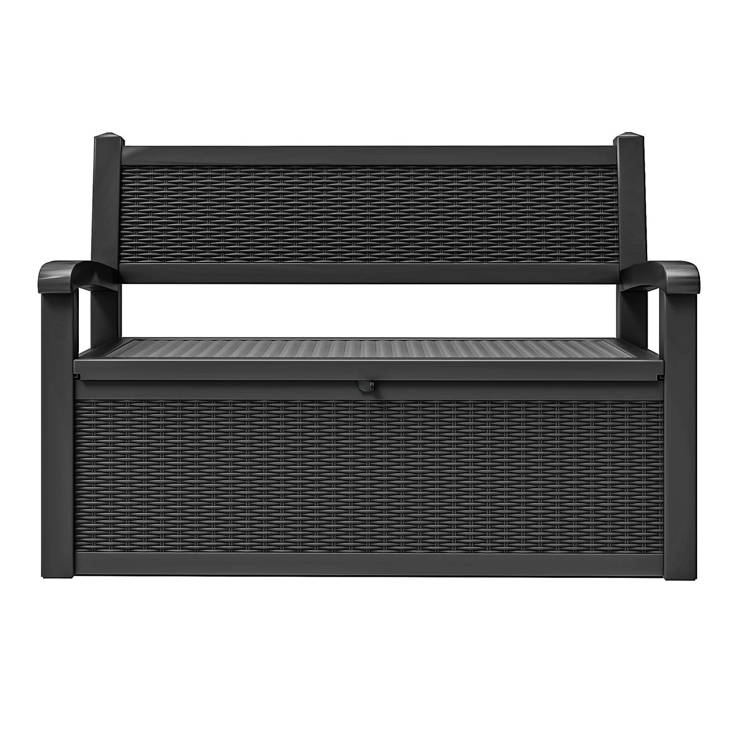 ModFusion 70-Gallon Outdoor Resin Storage Cabinet with Rattan Backrest - Waterproof Patio Bench Seat, 500 lbs Capacity, Black