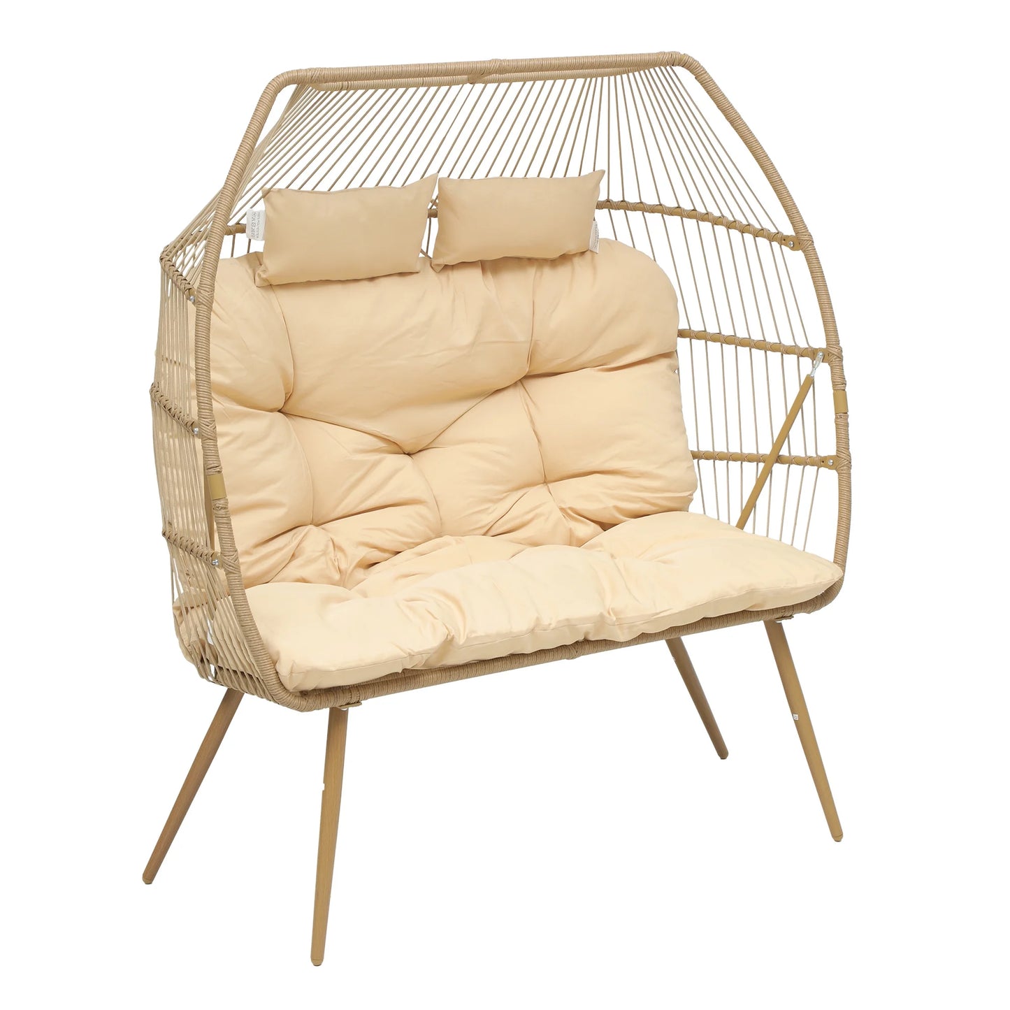 Uforic Beige Dual Egg Seat with Base, 2-Person Wicker Egg Chair for Indoor/Outdoor Patio Use with Cushions, Supports up to 510lbs, Perfect for Patio, Bedroom, Garden, and Balcony