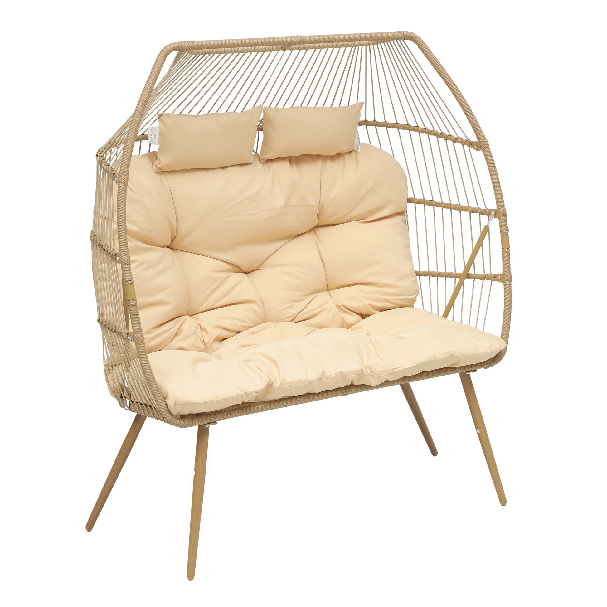 Uforic Beige Dual Egg Seat with Base, 2-Person Wicker Egg Chair for Indoor/Outdoor Patio Use with Cushions, Supports up to 510lbs, Perfect for Patio, Bedroom, Garden, and Balcony