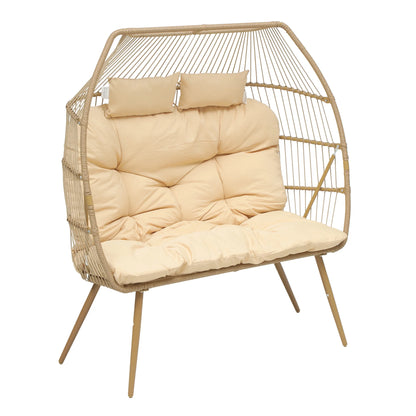 Uforic Beige Dual Egg Seat with Base, 2-Person Wicker Egg Chair for Indoor/Outdoor Patio Use with Cushions, Supports up to 510lbs, Perfect for Patio, Bedroom, Garden, and Balcony