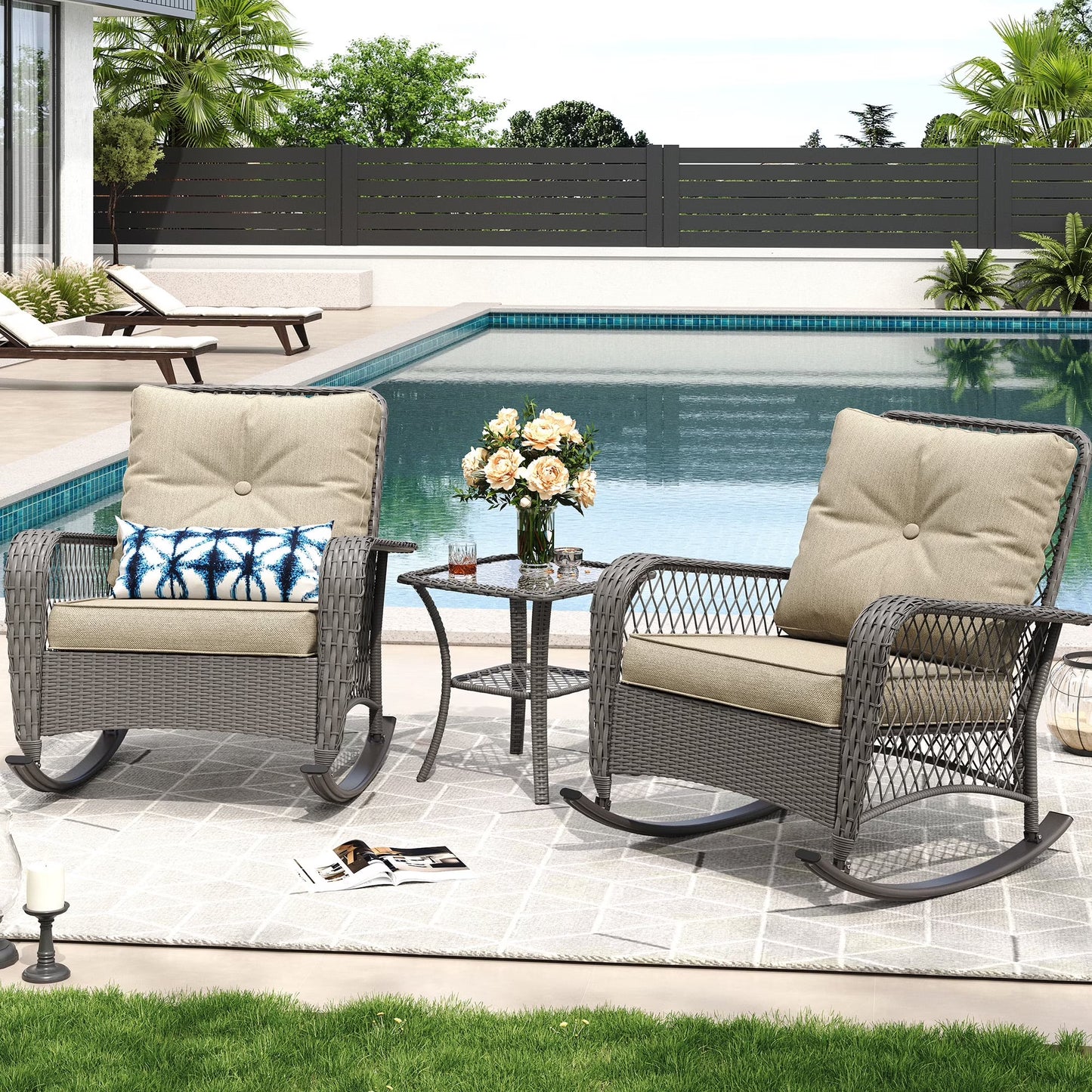 MRUAKA Outdoor Rocking Chairs Set of 3, Wicker Patio Furniture with Thickened Cushions and Table for Porch350lbs Weight Capacity(Gray)