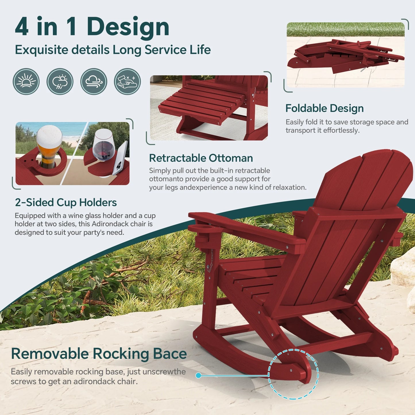 KINGYES Folding Adirondack Rocker Chair Set of 2 W/Footrest & Dual Cup Holders, HDPE Outdoor Patio Rocking Chair, Black