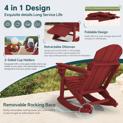 KINGYES Folding Adirondack Rocker Chair Set of 2 W/Footrest & Dual Cup Holders, HDPE Outdoor Patio Rocking Chair, Black