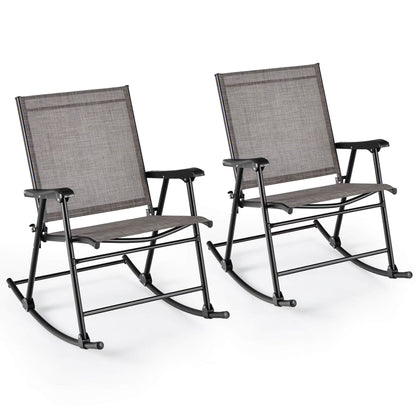 Costway 2pcs Patio Folding Rocking Chair Heavy-Duty Metal Frame Rockers Outdoor Brown