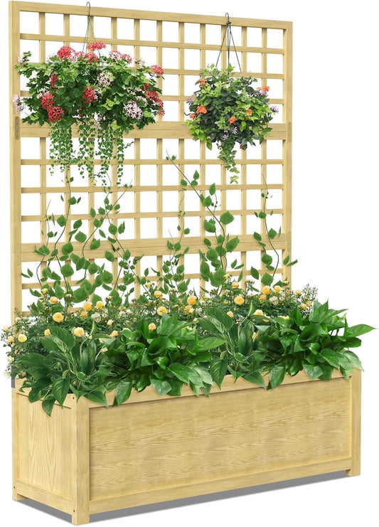 Slsy 63" Screen Raised Garden Bed, Wooden Planter Box with Hanging Roof & Drainage Holes, Indoor Outdoor Elevated Planter for Vine, Climbing Plants, Flowers, Patio & Garden
