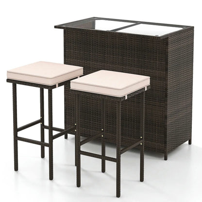 Spaco 3 Pcs Patio Bar Set with Tempered Glass Tabletop, Patio Furniture, Outdoor Furniture for Backyard-Brown