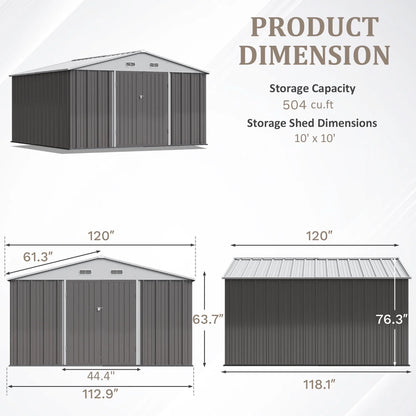 Devoko 10x8 Ft Metal Storage Shed, Lockable Steel Garden Shed for Patio Backyard Outdoor Tools, Brown