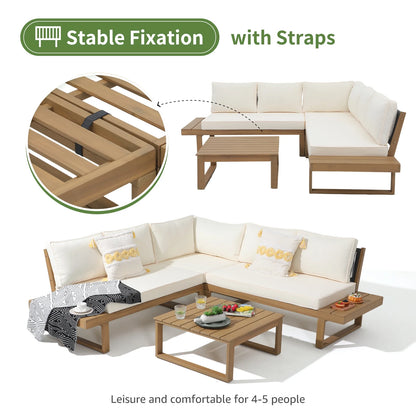 OC Orange-Casual Outdoor 4-Piece Acacia Wood Furniture Set, All-Weather Patio Sectional Sofa Set, Rope Lounge Couch with Wood Table, Cream White Cushion