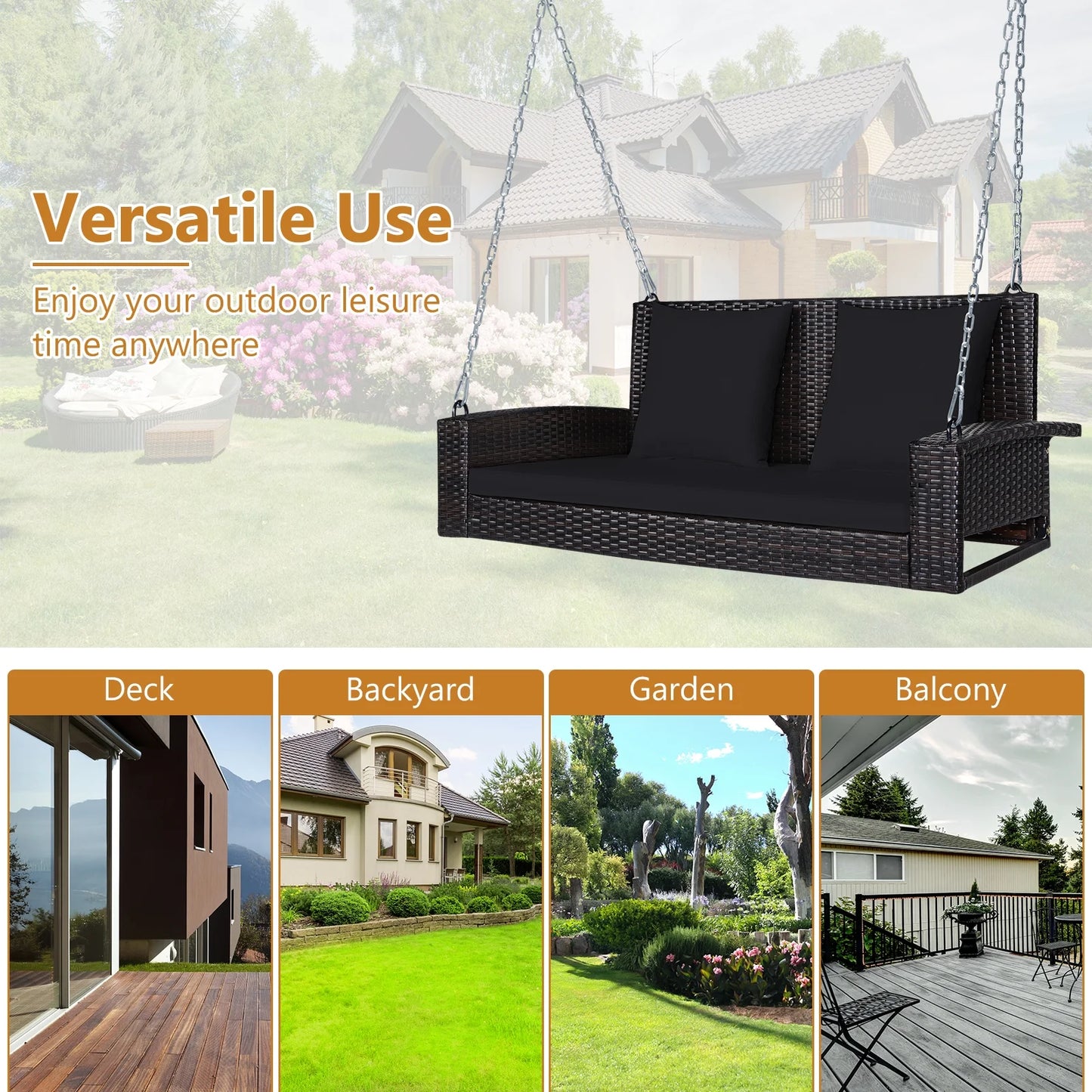 Topbuy Outdoor Wicker Porch Swing Bench 2-Person Patio Rattan Swing Chair W/Soft Cushions Black