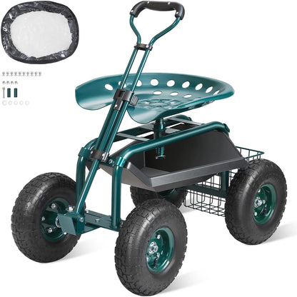 KFFKFF Garden Cart Rolling Workseat with Wheels, Gardening Stool for Planting, 360 Degree Swivel Seat, Wagon Scooter with Steering Handle & Utility Tool Tray, Use for Patio, Yard, and Outdoors