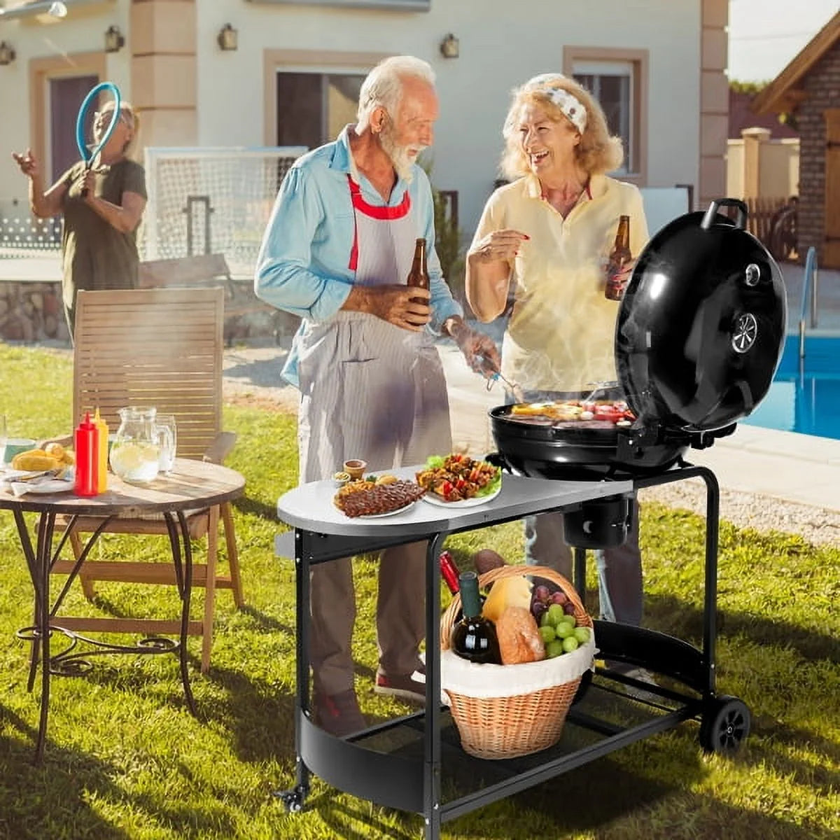 Clearance Enyopro Charcoal Grill! Portable BBQ Charcoal Grill with Porcelain-Enameled Lid and Thermometer for patio, pool, Backyard and camping