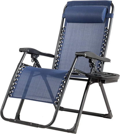 S AFSTAR Chair, Oversized Outdoor Lounge Chair with Cup Holder & Detachable Pillow, Folding Patio Recliner, Lawn Chair for Poolside Backyard Beach, Support 500 Lbs (Navy)