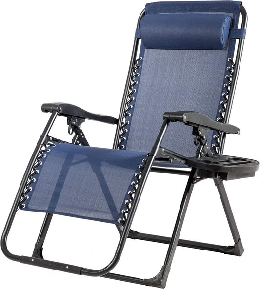 S AFSTAR Chair, Oversized Outdoor Lounge Chair with Cup Holder & Detachable Pillow, Folding Patio Recliner, Lawn Chair for Poolside Backyard Beach, Support 500 Lbs (Navy)