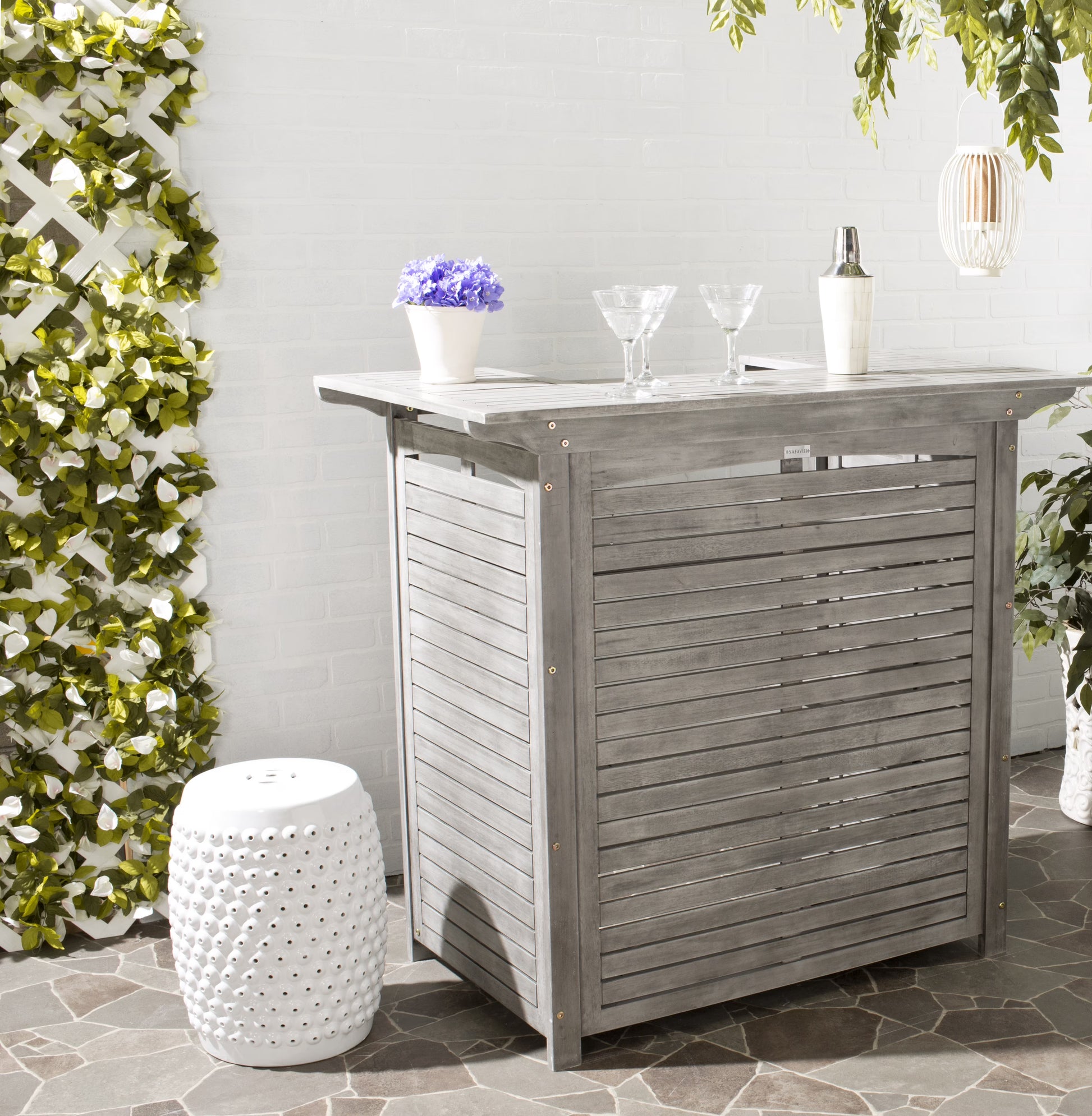 Safavieh 46? Rectangular Outdoor Pub Style Acacia Wood Patio Bar Table, Grey Wash